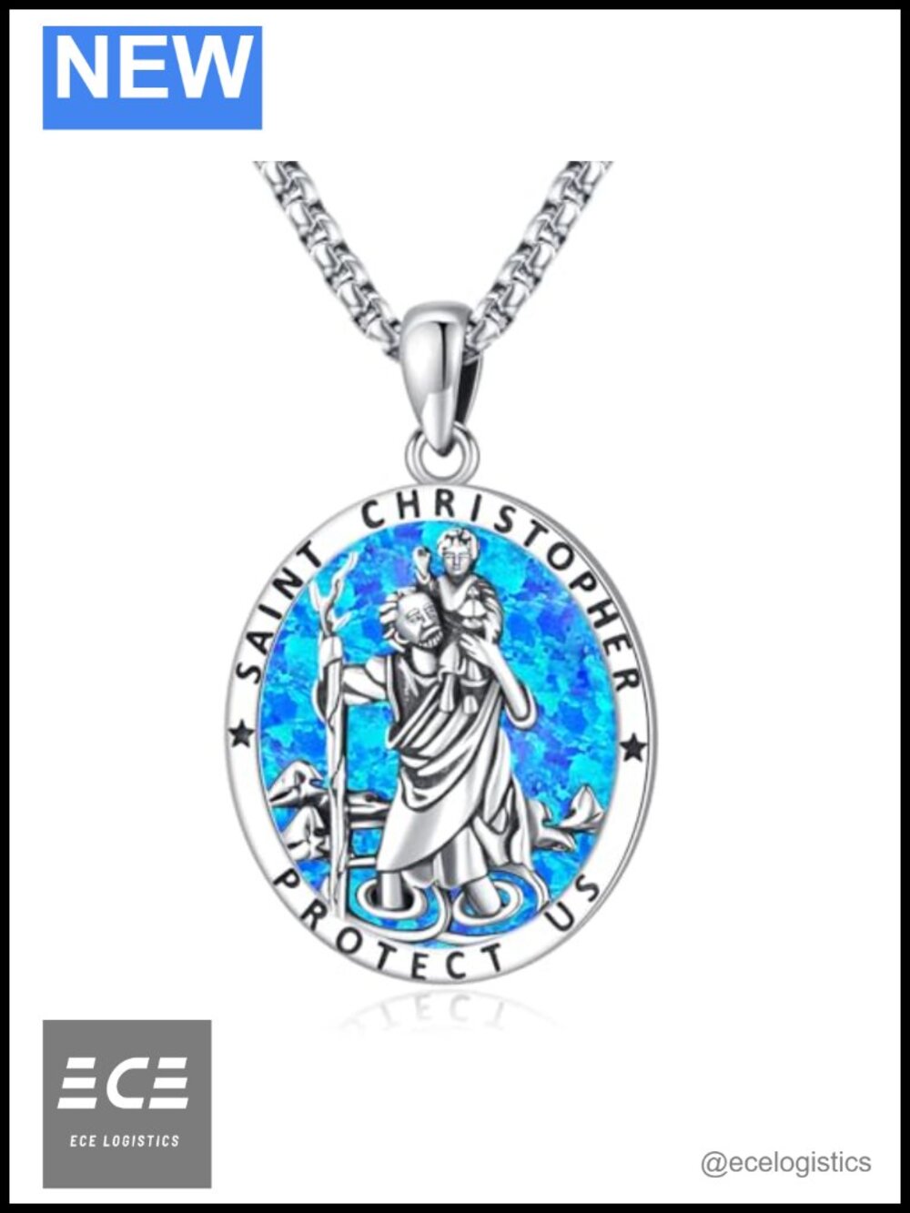 St Christopher Necklace 925 Sterling Silver Opal Pendant